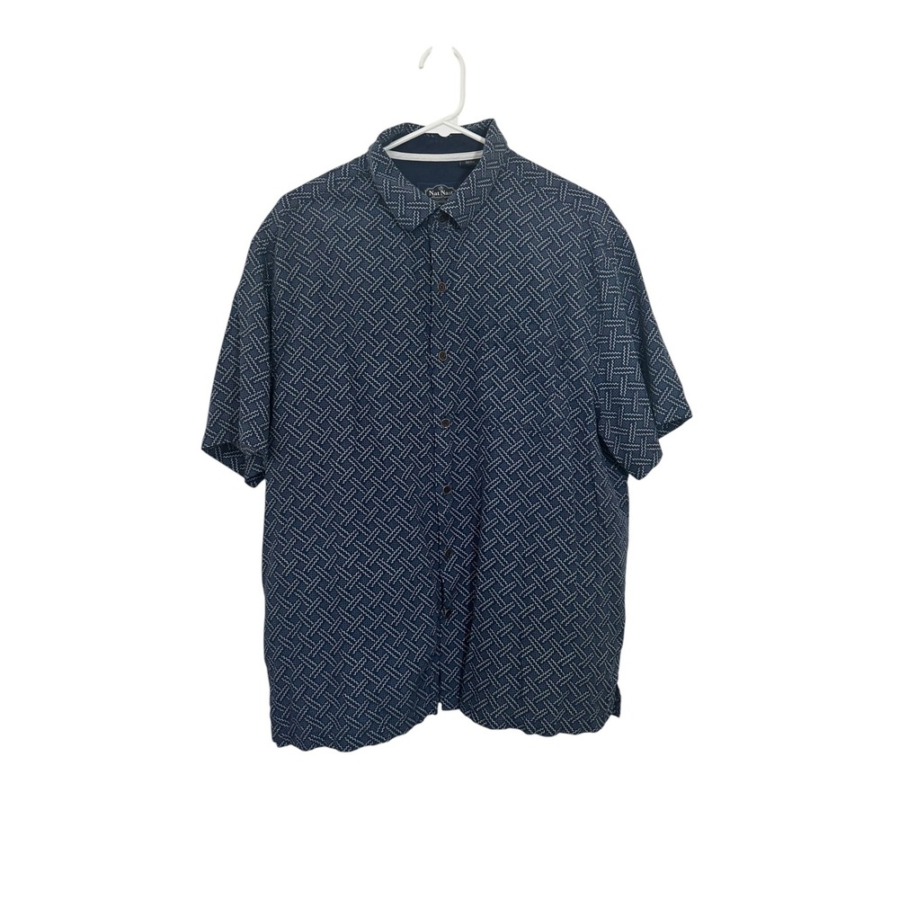 Nat Nast Luxury Originals Mens Large Navy Blue Silk Cotton Geometric Shirt L